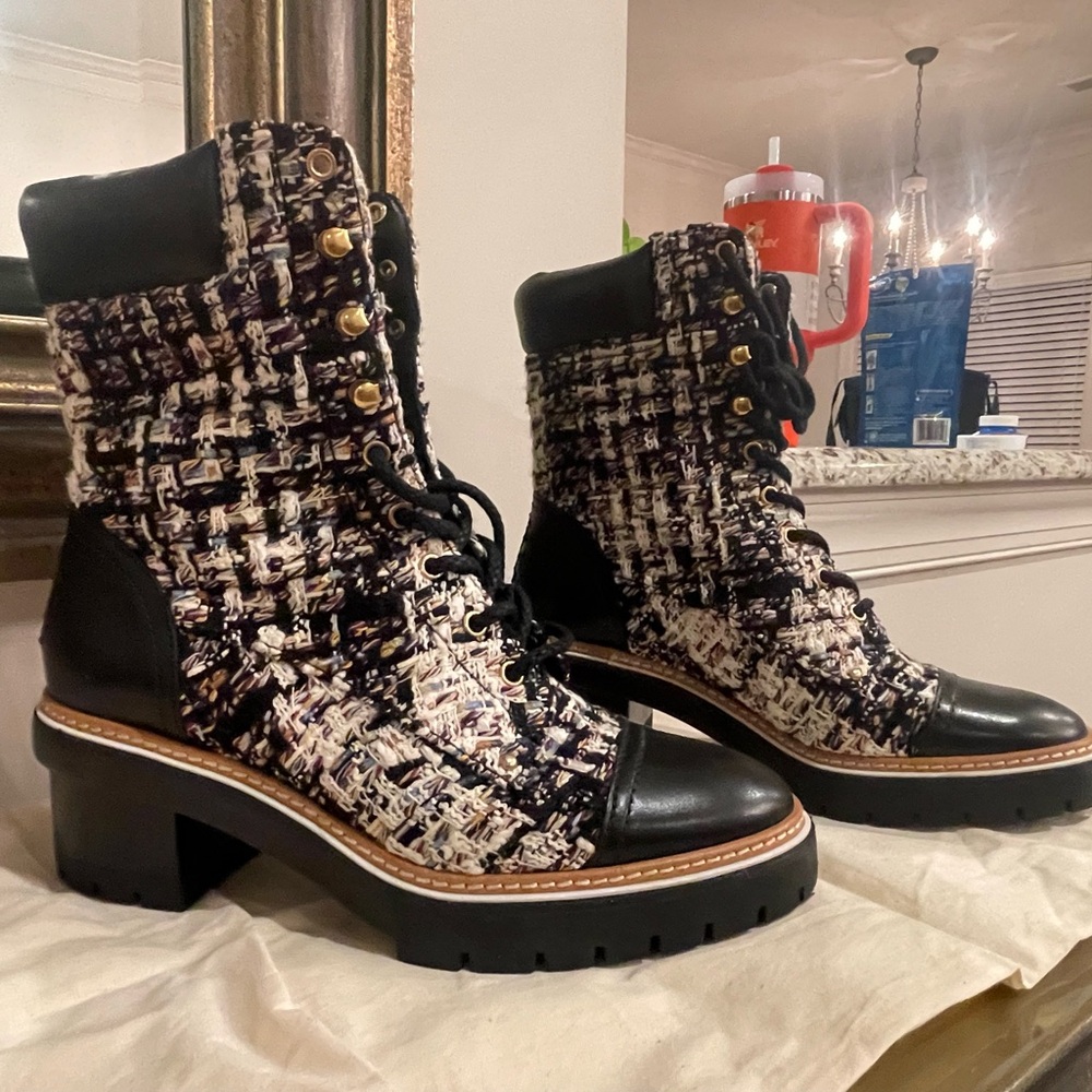 Tory Burch Black and Cream Lace Up Boots